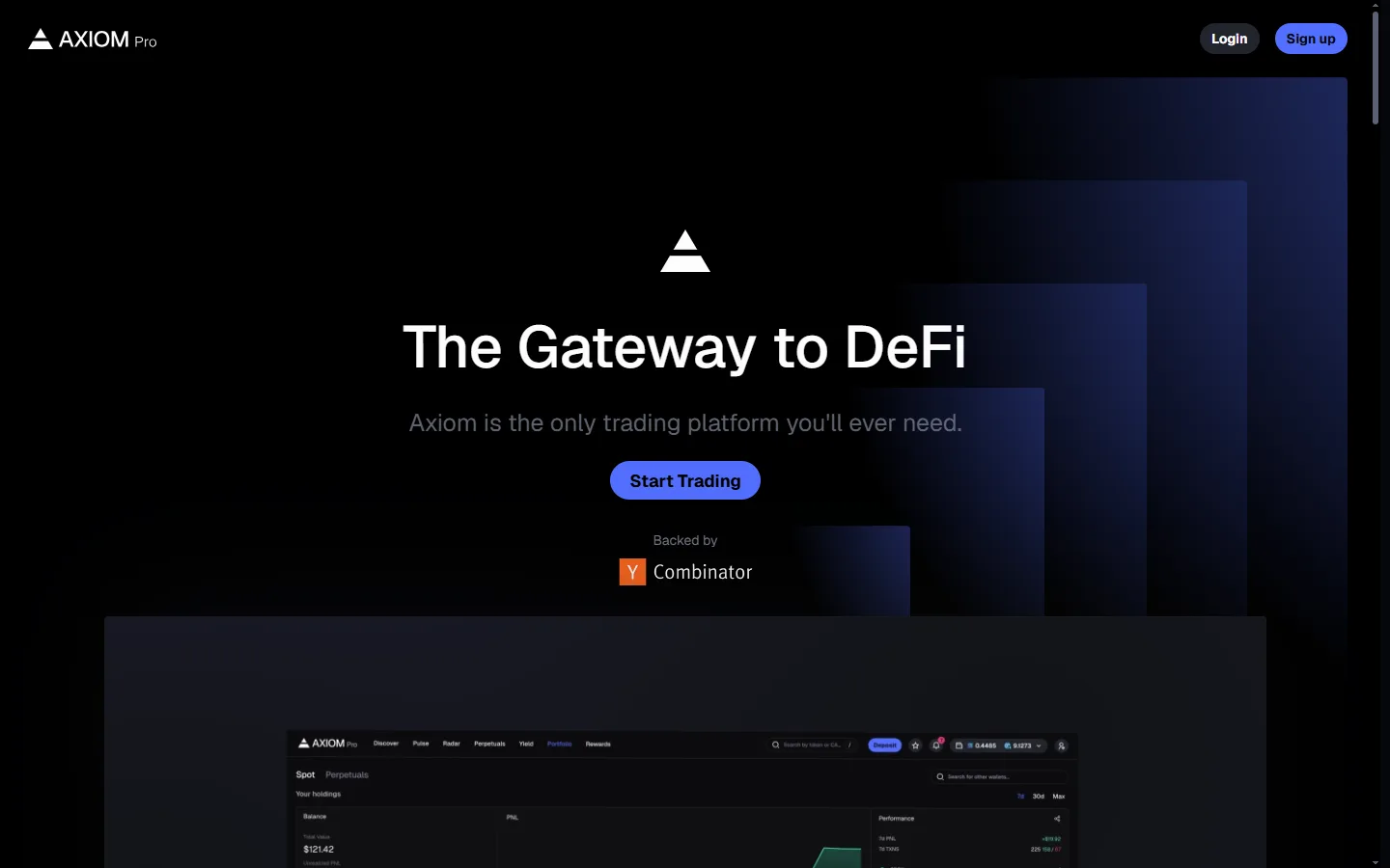 Axiom Pro's landing page. Axiom is the terminal that actually owns Solana on fee share, and the only one of the three publishing a fee below 1%.