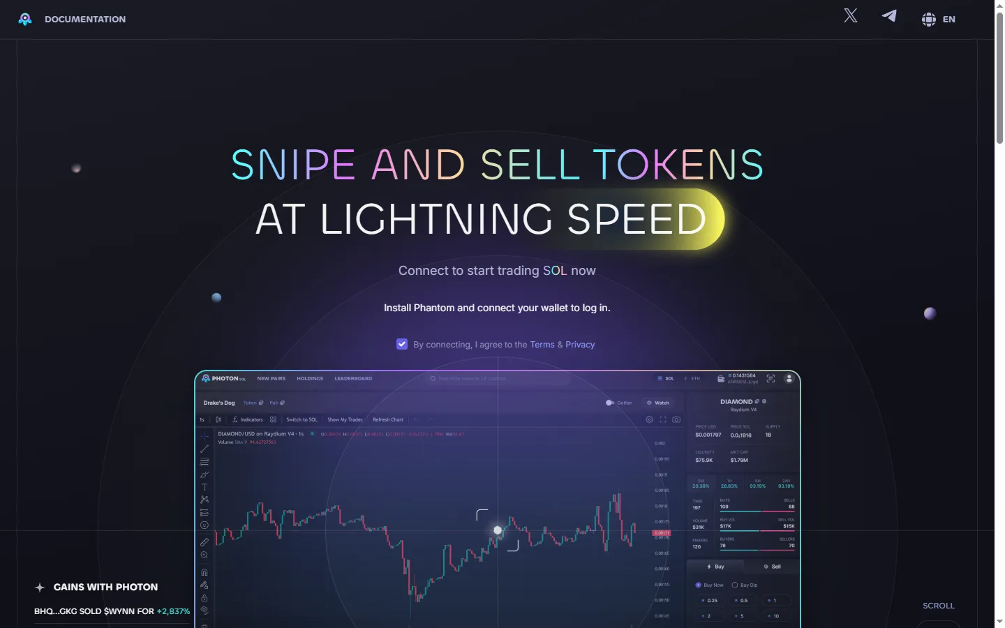 Photon's landing page, headlined Snipe and Sell Tokens at Lightning Speed, with a live ticker of winning trades and a prompt to connect a Phantom wallet to log in.