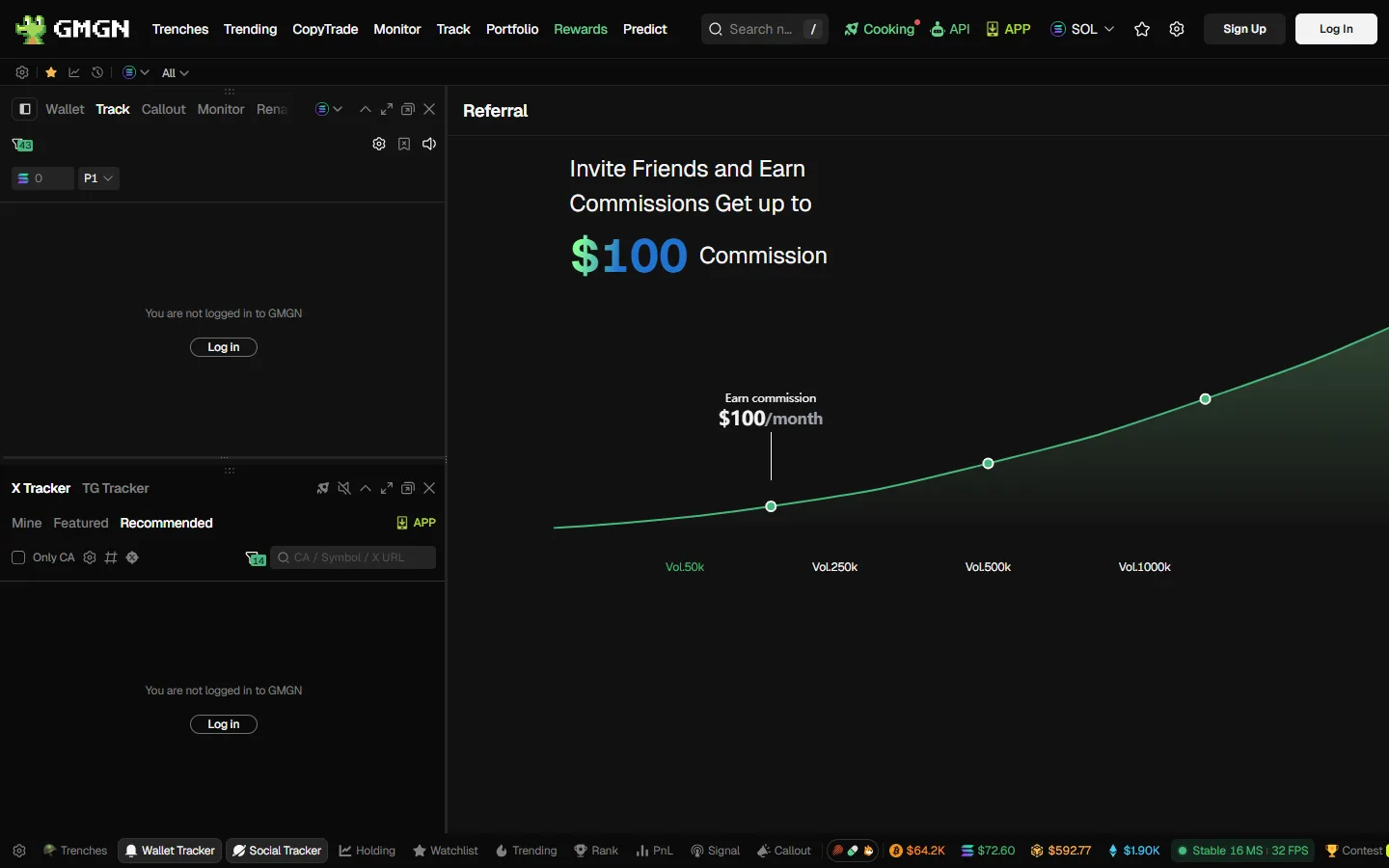 GMGN's referral page, plotting commission against referred trading volume. Every figure on it describes what the referrer collects, not a discount for the person who signs up.