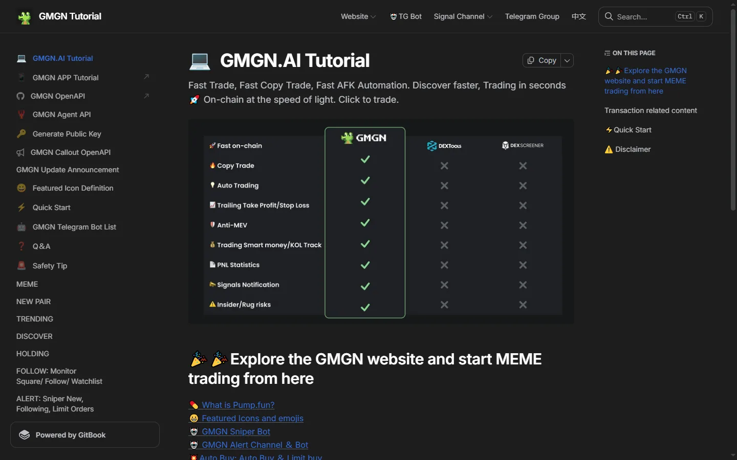 GMGN's own documentation comparing itself against DEXTools and DEXScreener across copy trading, auto trading, trailing take profit and stop loss, Anti-MEV, smart money tracking and rug risk detection.