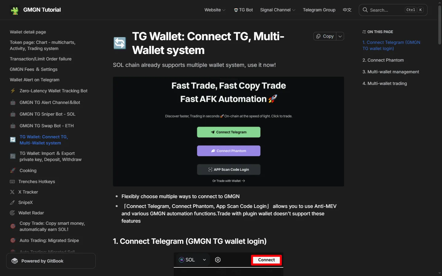 GMGN's wallet documentation showing the three login methods, Connect Telegram, Connect Phantom and APP scan code, and noting that only these enable Anti-MEV and automation.
