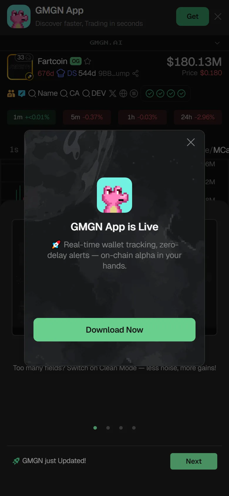 GMGN's mobile web terminal on a 390 by 844 viewport: the token header with price, market cap and the 1m to 24h changes renders behind a full-screen GMGN App is Live panel, with a store banner above it and an onboarding bar along the bottom.