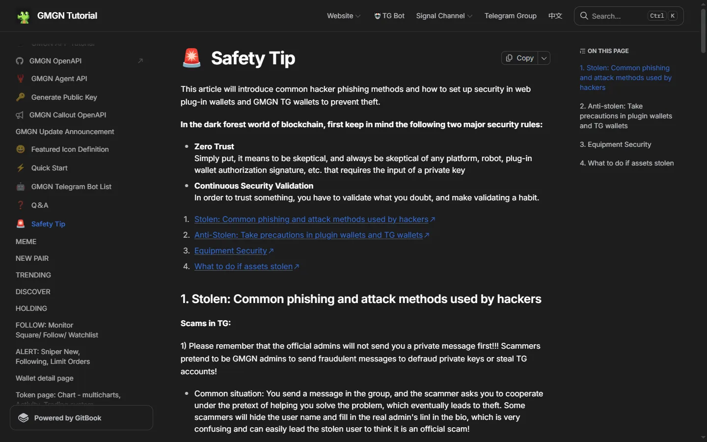 GMGN's Safety Tip page, built on two rules it calls Zero Trust and Continuous Security Validation, and warning that official admins never message first.