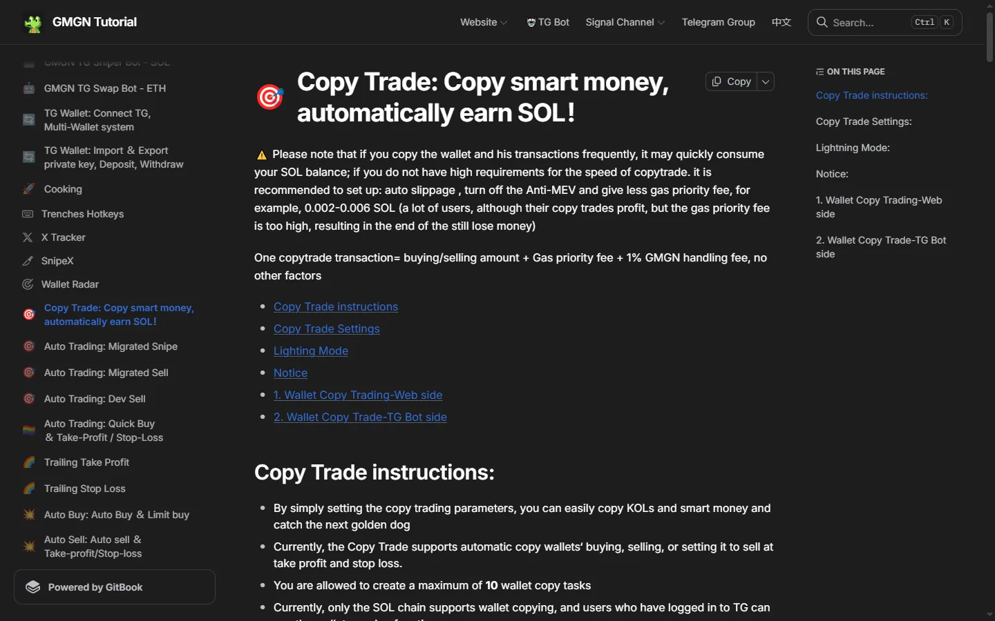 GMGN's copy trade documentation, stating that one copytrade transaction costs the trade amount plus gas plus a 1% handling fee, with a maximum of 10 wallet copy tasks and Solana only.