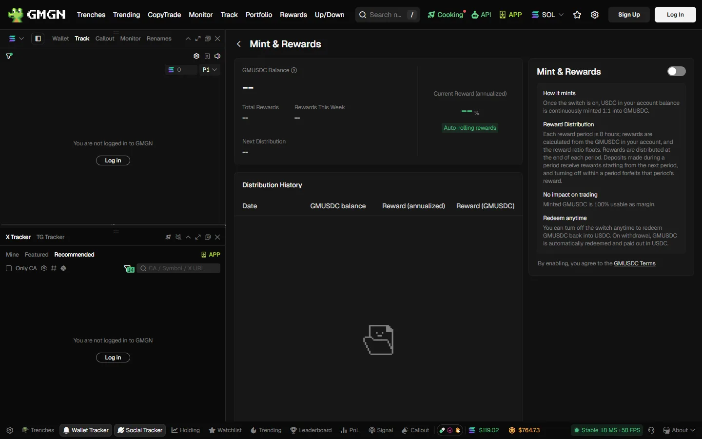 GMGN's Mint & Rewards screen for GMUSDC, explaining 1:1 minting from USDC, 8-hour reward periods with a floating ratio, that minted GMUSDC is fully usable as margin, and that it can be redeemed anytime.