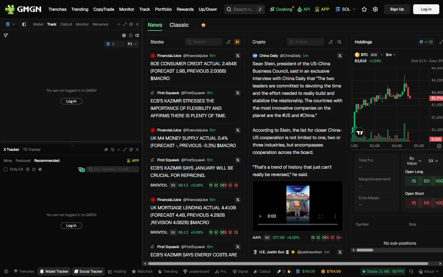 GMGN's perpetual route as a logged-out visitor sees it on September 29, 2026: a news feed beside a BTC chart with Open Long and Open Short buttons and Margin and Extra Margin fields.