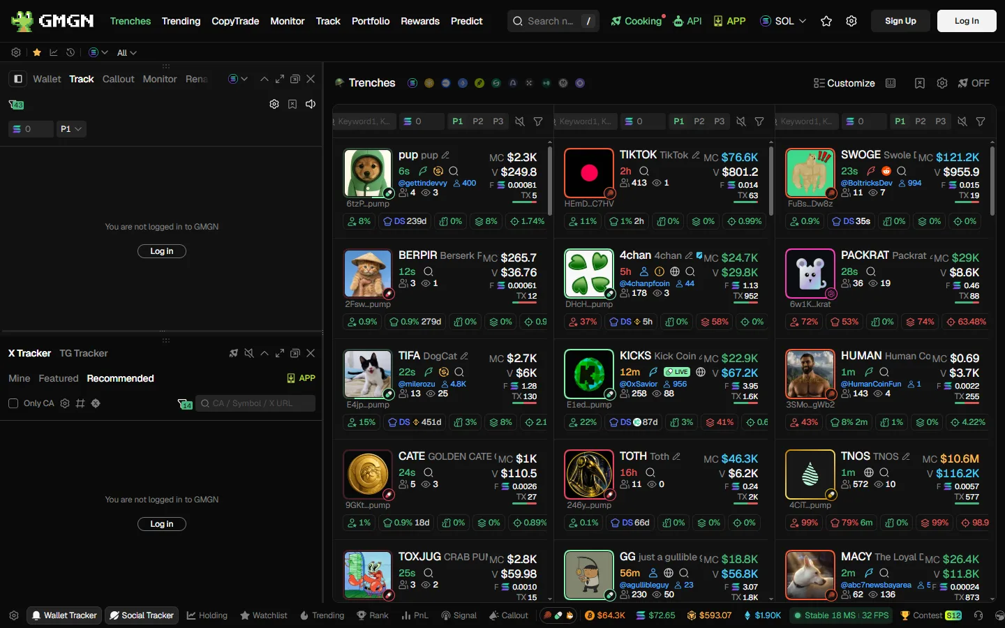 GMGN's Trenches feed: three live columns of newly launched Solana tokens, each card carrying market cap, volume, transaction count, holder and dev-holding percentages and a token-age counter, with per-column keyword filters and P1, P2 and P3 buy presets above them.