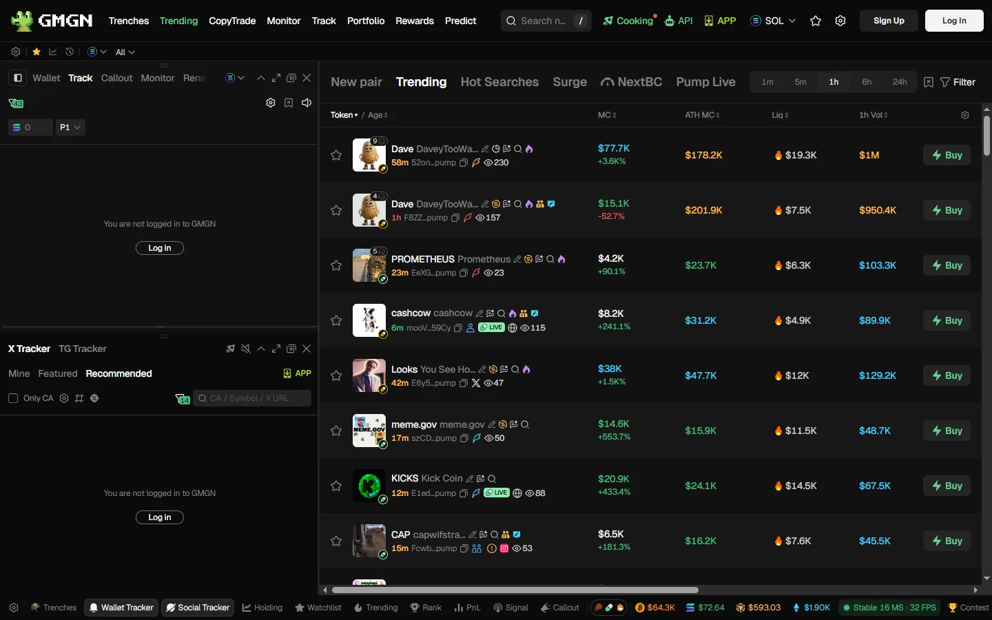 GMGN's Trending table ranking tokens by market cap, all-time-high market cap, liquidity and 1 hour volume, with a Buy button on every row.